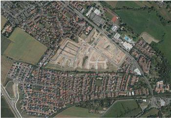 Luftbild von 2015: Baugebiet der enstehenden Passivhaussiedlung zwischen den bestehenden Siedlungen.