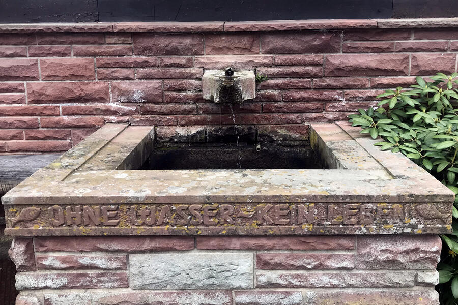 Alter Brunnen mit Stein gemeißeltem Text: Ohne Wasser kein Leben