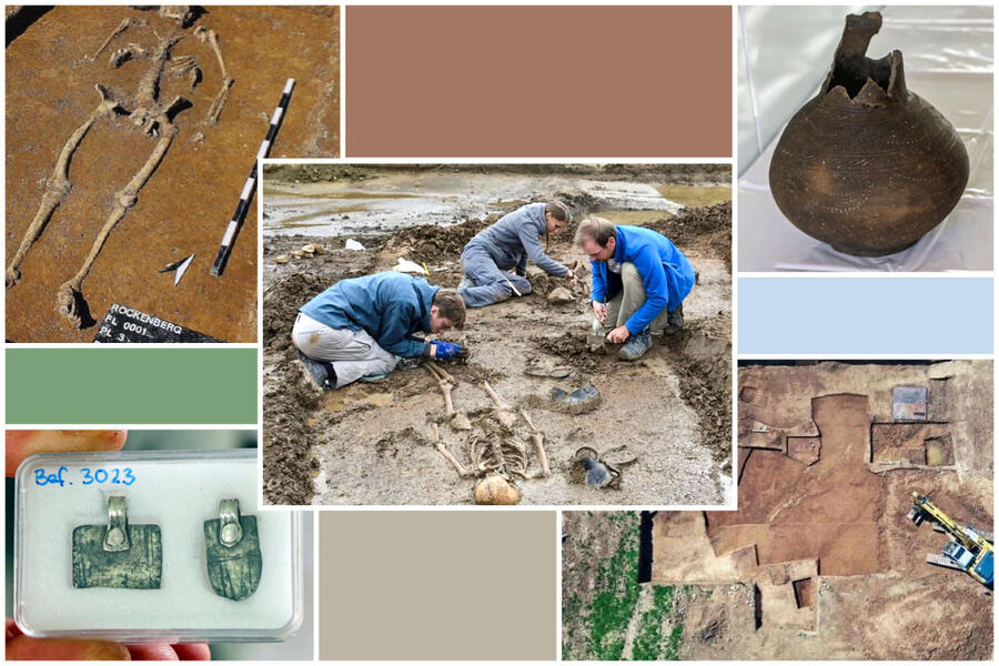 Bildcollage mit verschiedenen Artefakten und drei Personen, die ein archäologisches Skelett freilegen.