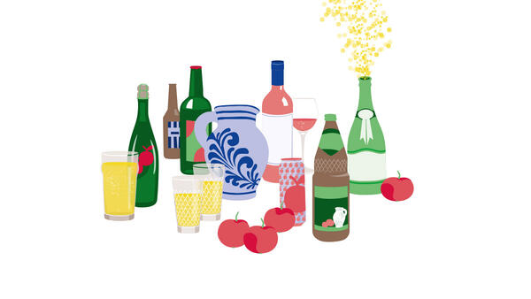 Zeichnungen von verschiedenen Flaschen, Gläsern, Äpfeln und dem Bembel.
