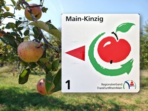 Ein Schild der Apfelwein- und Obstwiesenroute der Regionalschleife Main-Kinzig