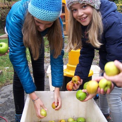 Zwei Mädchen holen Äpfel aus einer Wanne.